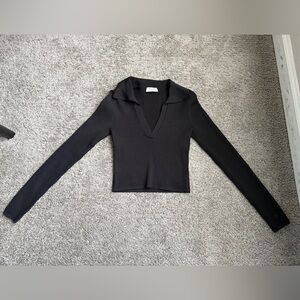 Babaton Cropped Black Ribbed Long Sleeve Fitted Top